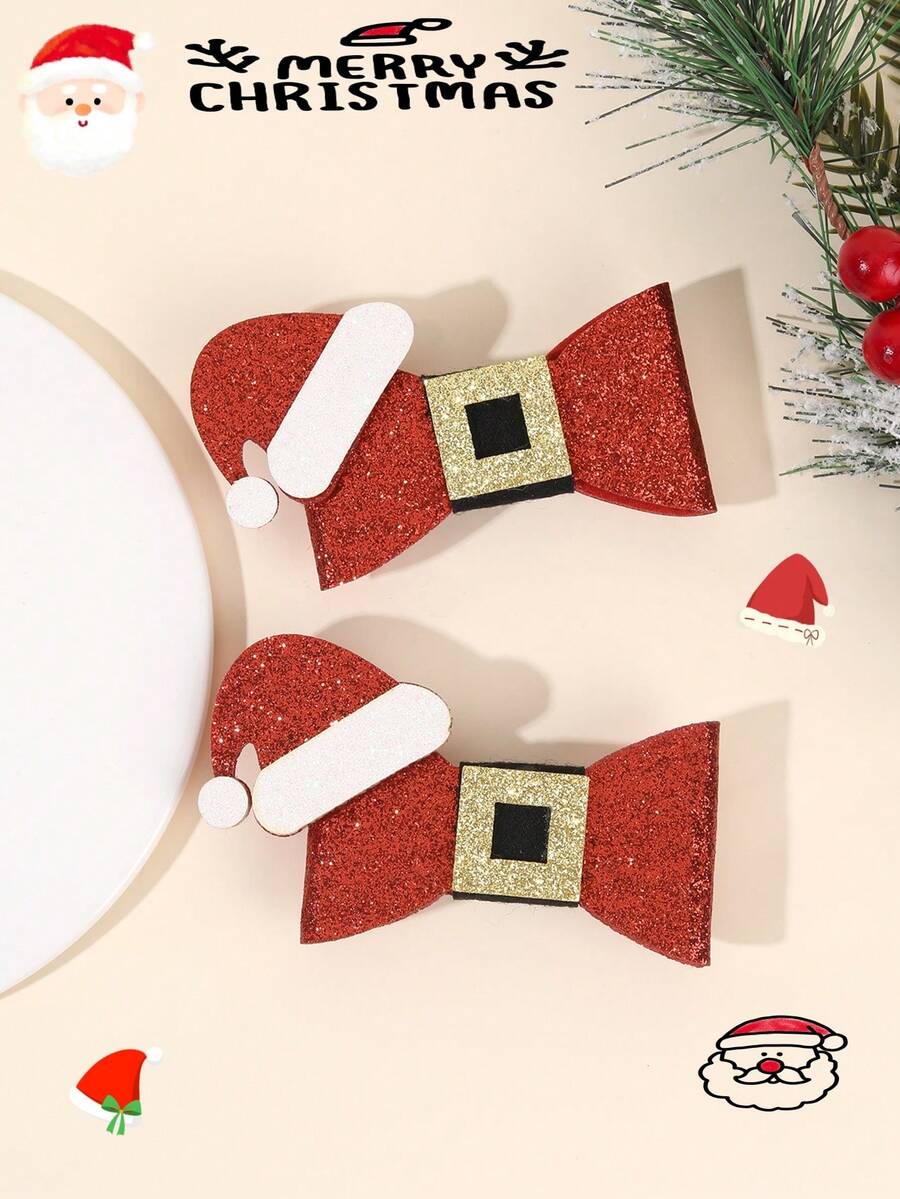 2 piezas Moños navideños para niñas, Clips para el cabello con brillo rojo para decoración de fiesta, Accesorios para el cabello - Multicolor - Ver 1
