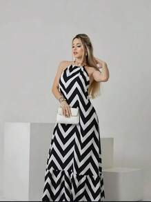 Long Zig Zag Striped Halter Dress. - Black and White - View 1
