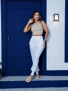 Cropped Basic Women's Tank Top Ribbed Premium Tailoring Elegant Casual Fashion Pinterest Blogger - Kaki - Xem 2