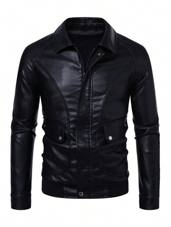 Men's Casual Stand Collar Multi-Pocket Leather Jacket, Autumn