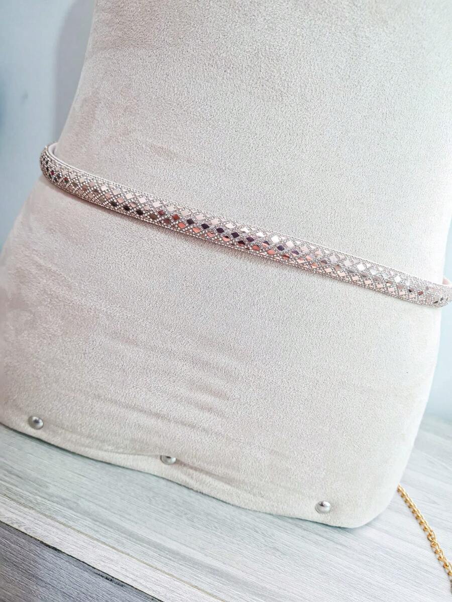 RIGID RHINESTONES BELT METAL CHAIN DELICATE SHINY CHIC PIECE - Màu hồng gỉ - Xem 1