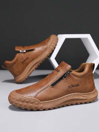 Men's Casual Sports Shoes, Autumn Winter New Design With Side Zipper, No Laces, Comfortable Flat Bottom, Anti-Slip, Waterproof, Dirt-Resistant PU Leather Upper, Minimalist Letter Print, Versatile Casual Shoes For Young Men, Fashionable Outdoor Leisure, Party, Work, Labor Protection Shoes With Tire Sole, Resembling Outdoor Hiking Shoes And Chelsea Boots
