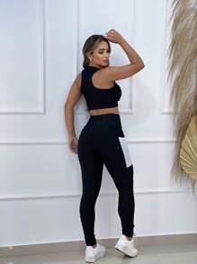 Fitness Sports Set - Racerback Top With Padded Bra + Pants With Side Pocket - 白色 - 查看 2