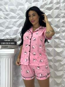 Pijama short doll americano blogueira botão amamentação gestante  estampado - Rosa chiclete - Visão 1