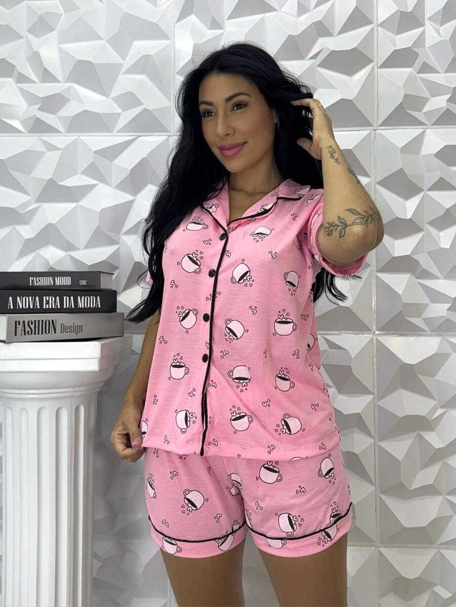 Pijama short doll americano blogueira botão amamentação gestante estampado - Rosa chiclete - Visão 1