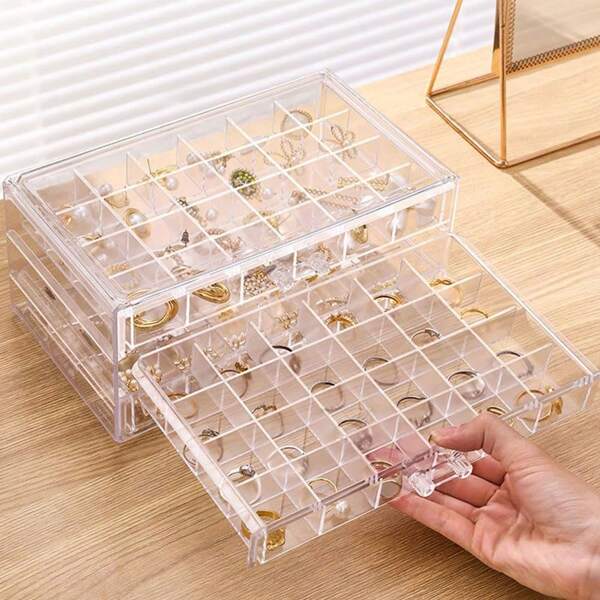 1 Piece Acrylic Jewelry Box, Nail Polish Storage Drawer, Art Display, Jewelry, Cosmetic Decorations 3 Tiers, 72 Grids Storage Drawer Jewelry Box, Clear Acrylic Jewelry Organizer For Earrings, Necklaces, Rings, Modern Style, With Dividers, Plastic Lockable Jewelry Box, Suitable For Travel, Desktop, Jewelry Storage For Women, Elegant 72 Spaces Jewelry Organizer, Three-Layer Drawer Storage Box