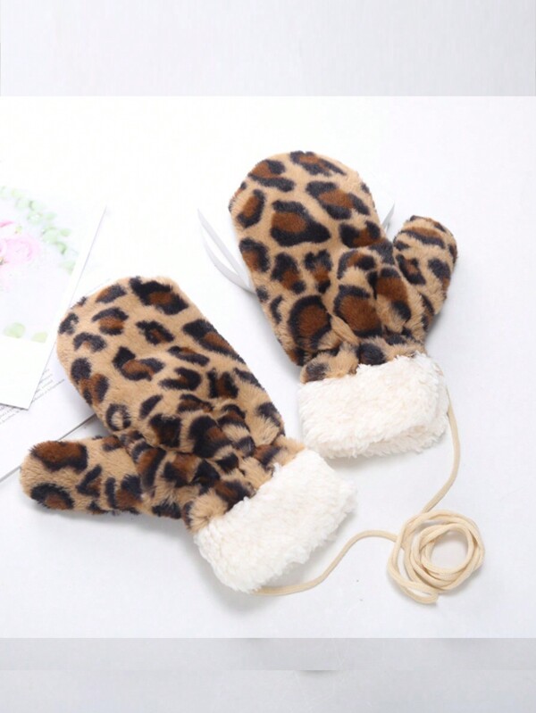 Cute Plush Gloves & Scarf For Women, Warm Skiing Windproof Thick Winter Gloves Leopard Print