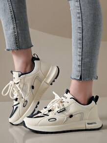 New Thick Sole Sneakers Versatile Beige Fashion Mesh Chunky Chunky Sneakers, Blue Patchwork Outdoor Casual Shoes, All Seasons