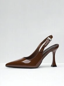 Fall/Winter 2025 Women's Patent Leather Pointy Toe Maroon Low Heel Shoes With Metallic Buckle Strap, Elegant, Women Pumps, Elegant,Pointed Heels