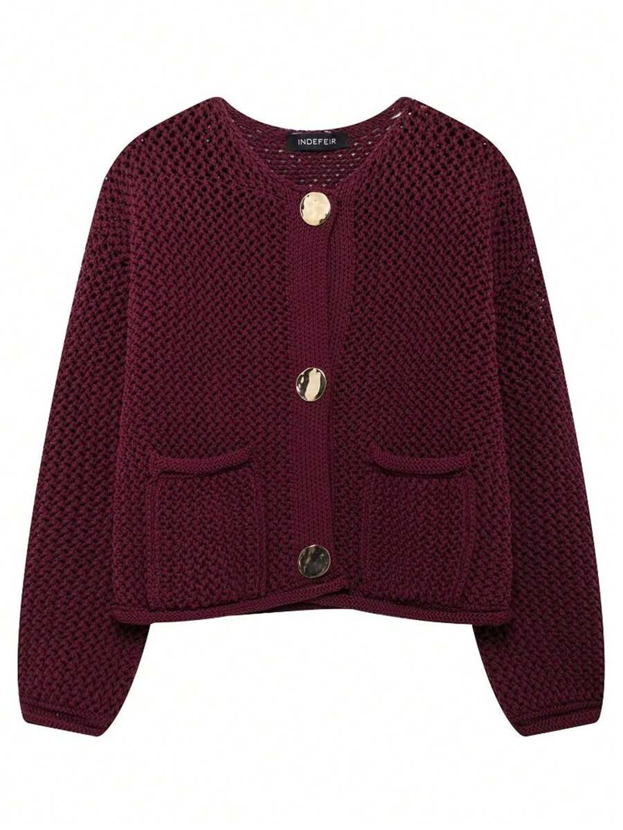 Women's Elegant Vacation Spring And Summer Solid Color With Pocket Placket Front Breasted Round Neck Cardigan Knitted Mesh Jacket, Suitable For Women's Casual Vacation, Concert Wear