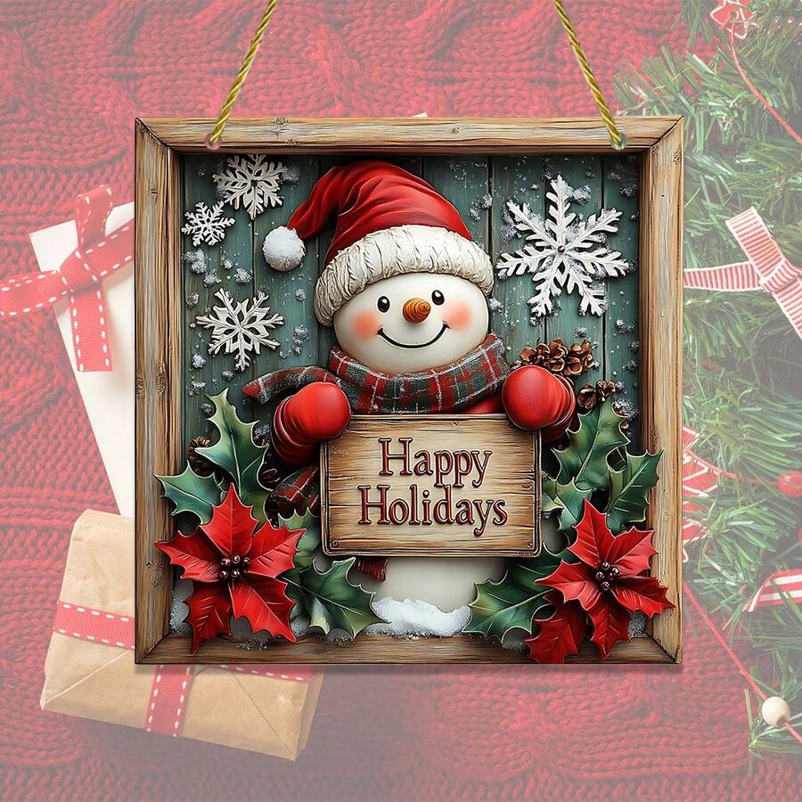 1pc Square Wooden Snowman Themed Christmas Sign, Creative Wall Art