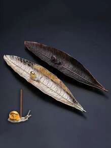 1pc Gold, Silver, Bronze, Green Long Leaf Metal Incense Stick Holder Plate, Rama Incense Burner - Gold - View 4