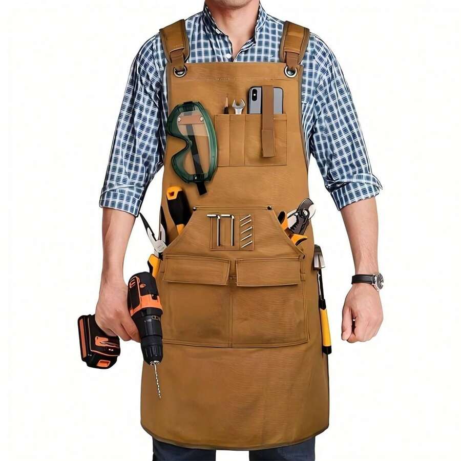 Tạp dề làm mộc cho nam có 9 túi đựng dụng cụ, tạp dề vải bạt phủ sáp bền chắc, quà tặng cho nam giới, dây đeo chéo lưng có thể điều chỉnh - Thích hợp cho thợ máy xưởng, kỹ thuật viên, thợ mộc, thợ rèn và người làm vườn., Nhà bếp, phòng tắm, gia đình, nhà cung cấp đồ gia dụng - Màu Khaki - Xem 1