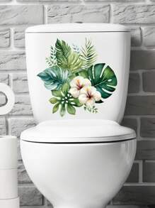 1pc Watercolor Tropical Green Plant Toilet Tank Sticker; Can Be Used As Bathroom Door Or Wall Decal; Add More Fun To Your Home, Stickers, Wall Decal, Vinyl Decal For Home Decorations, Spring Decoration Items Refresh Your Home, Rama Decoration Stickers Gifts Birthday Graduation