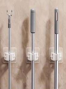 Estante organizador de pared con ganchos para trapero y escoba, ganchos adhesivos de pared para baño, clips para escoba y clips para trapeador, paquete múltiple