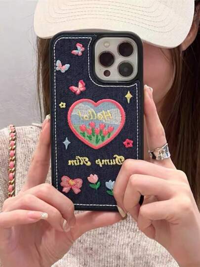 夏季牛仔布繡花心形花朵和蝴蝶手機殼,適用於apple Iphone 15/15pro/15plus/15promax