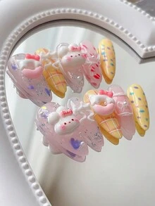 10 件长杏仁形可爱卡通 3D 美甲贴纸，包括甜甜圈、兔子、蝴蝶、亮片、甜黄网格，适合学生、儿童、派对、婚礼和所有女性（包括孕妇）。可重复使用，配有 1 件指甲胶和 1 件指甲锉。 - 彩色 - 查看 4