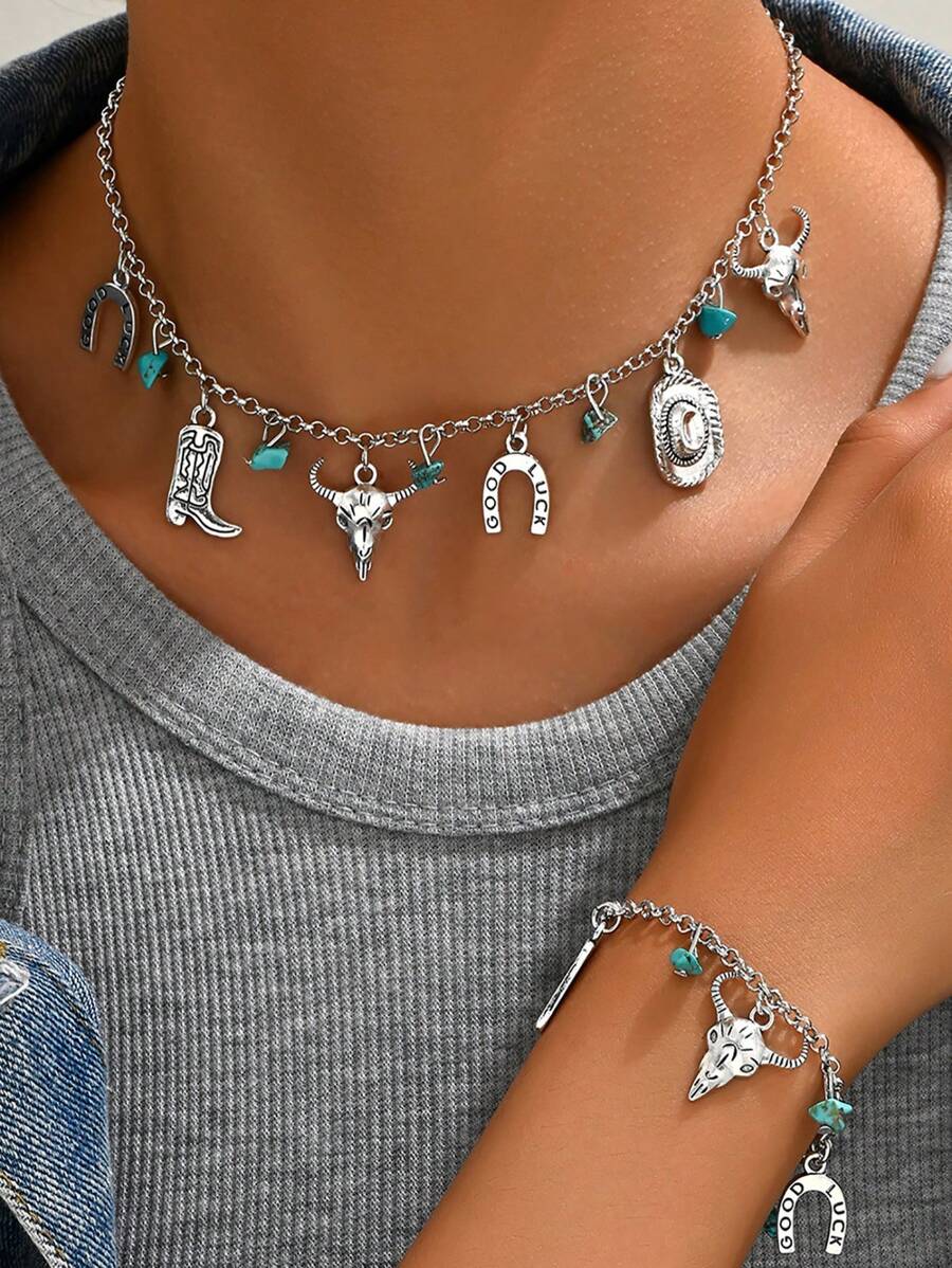 2 件套仿古西部牛仔风格元素绿松石时尚休闲牛仔帽靴子牛头饰品女士复古项链手链 - 復古銀色 - 查看 1