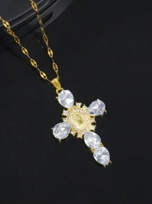 1pc Vintage Virgin Mary Cross Pendant Necklace, Artificial Crystal Pendant, Rhinestone Decor Necklace, Religious Theme Jewelry, Suitable For Party Wear And Gift - White - View 2