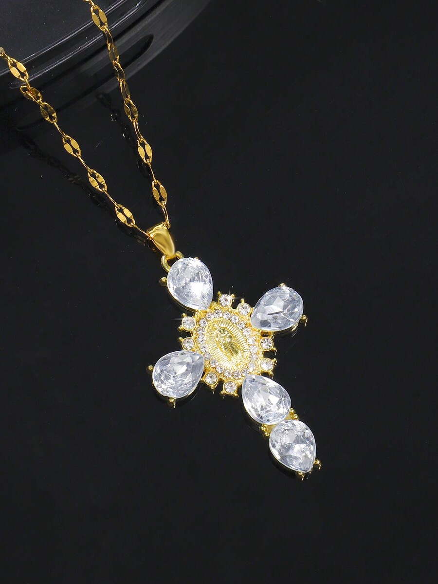 1pc Retro Virgin Mary Cross Pendant Necklace Jewelry, Artificial