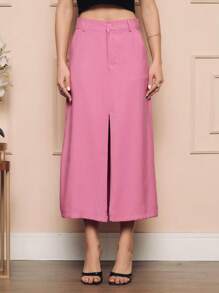 Chic Long Tailored Skirt With Front Slit, High Waist And Buttons - 粉色 - 查看 1