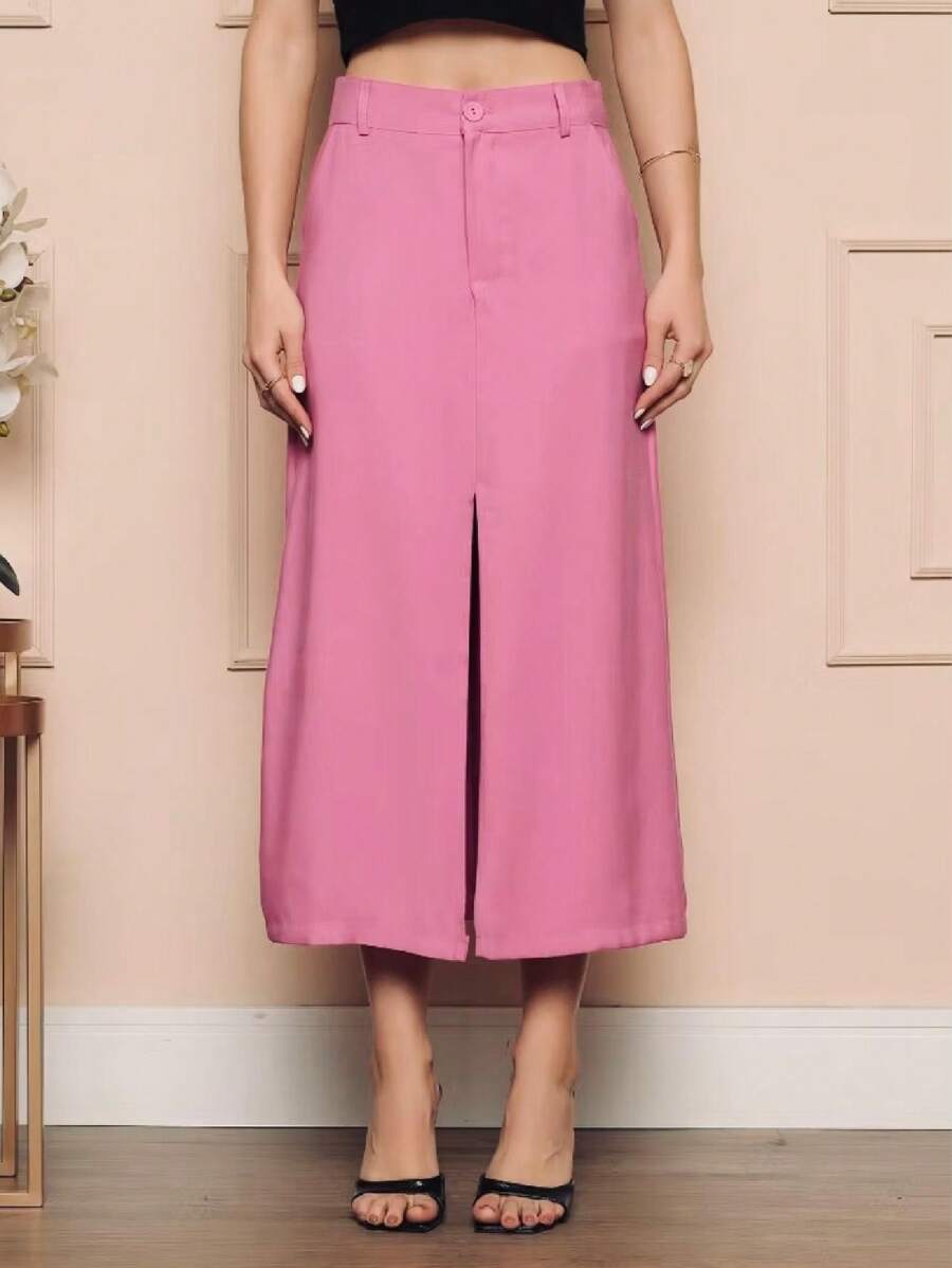 Chic Long Tailored Skirt With Front Slit, High Waist And Buttons - 粉色 - 查看 1