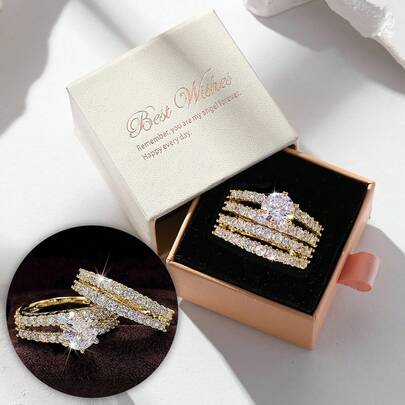 Gift Box Golden Rings Set, Luxury Sparkling 4-Band Fully Paved Rings, Suitable For Wedding Wear, Valentine's Day Gift For Women,Mom,Mother,Mother's Day,Gift