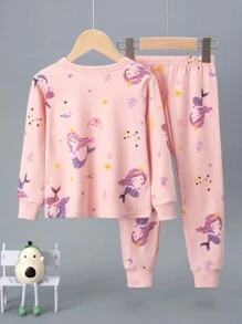 年轻女孩美人鱼图案睡衣套装，长袖上衣和长裤，卡通印花，秋季内衣