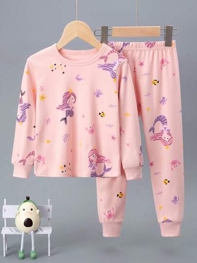 Kleine Mädchen Pyjama-Set mit Meerjungfrauen-Grafik, langärmliges Oberteil und lange Hose, Cartoon-Aufdruck, Herbstunterwäsche