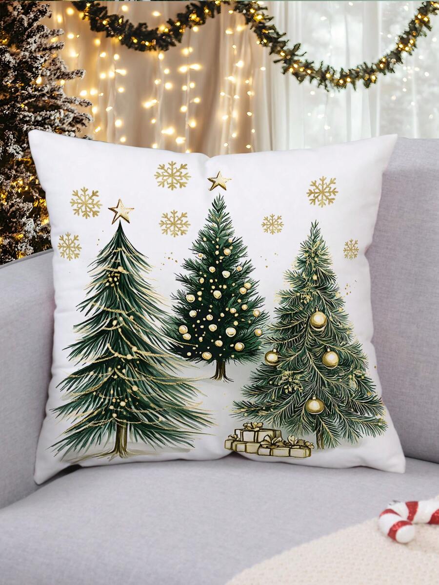 1 pieza Funda de cojín decorativa navideña con estampado de árbol de Navidad y copos de nieve, estilo minimalista de tela con estampado de felpa, adecuada para sala de estar, sofá, dormitorio, decoración navideña