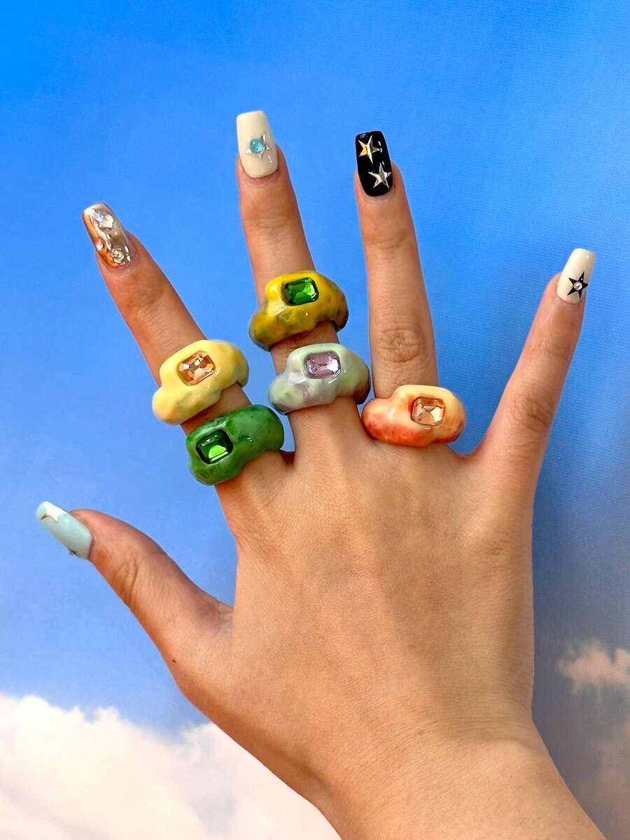 5 chiếc nhẫn nhựa nhuộm màu hình học thanh lịch, nhẫn tuyên bố cá nhân hóa cho phụ nữ - hình dạng hình học - Xem 1