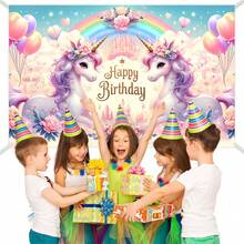 1PC 可爱独角兽花朵生日主题派对装饰背景 210*150/150*100/100*75CM 粉色花朵独角兽气球天空彩虹城堡背景布 适用于生日派对及一般庆典场地装饰背景布 影楼拍照装饰背景布 房间花园多用途主题派对背景装饰用品 - 彩色 - 查看 11