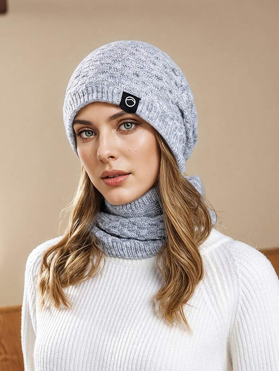 1 Set Women Geometric Pattern Acrylic Warm Hat & Loop Scarf With Fleece Earflaps, Autumn/Winter Winter Accessories Winter Outfits - Multicolor - View 1