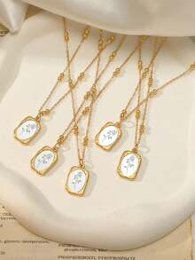 1 chiếc vòng cổ mặt dây chuyền hoa hồng gương ma thuật mạ vàng 18K, chuỗi hạt hình chữ nhật chạm nổi cổ điển, vòng cổ choker bằng thép titan vàng - Vàng - Xem 2