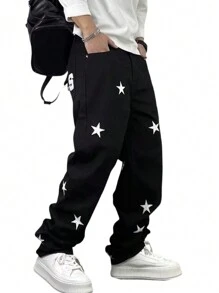 Men Star Print Black Denim Jeans - Black - View 1