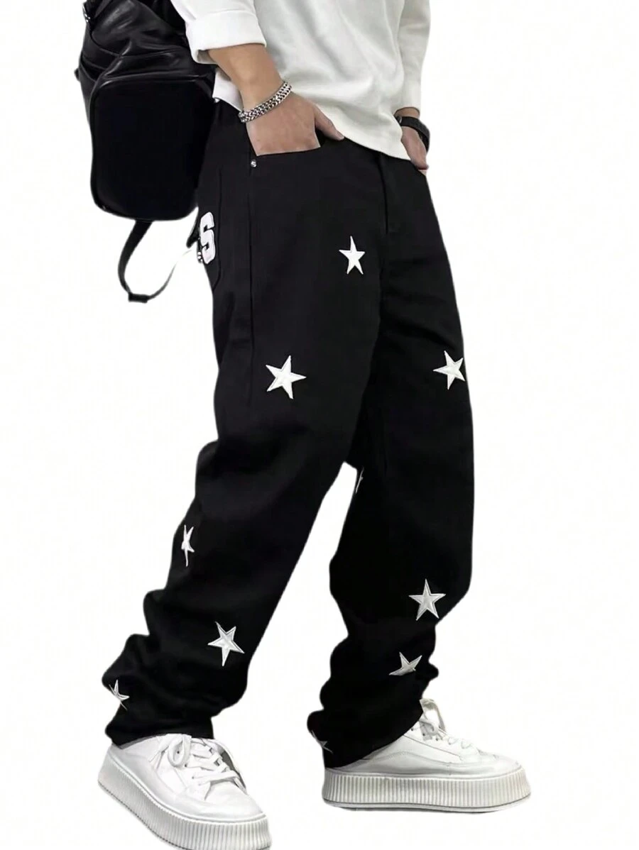 Men Star Print Black Denim Jeans - Black - View 1