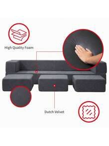 Queen Convertible Velvet Futon Sofa Bed With 3 Ottomans, Memory Foam Fold Out Couch Bed, Foldable Floor Sofa, Guest Sleeper For Apartment Living Room - 深灰色 - 查看 6