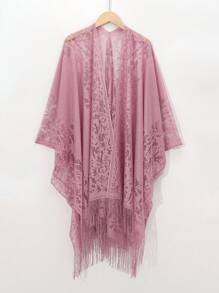 1件纯色镂空蕾丝流苏披肩，多功能沙滩巾 - 彩色 - 查看 19