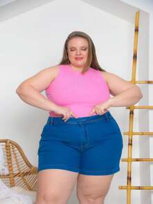 Women's Plus Size Mid-Thigh Shorts With High Waist And Frayed Hem - Rửa nhẹ - Xem 3