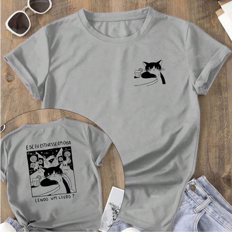 Women's T-Shirt Front And Back Printed And If I Were At Home Reading A Book T-Shirt Various Colors 100% Cotton - 灰色 - 查看 1