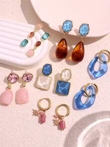 1 cặp hoa tai hình giọt nước bất đối xứng bằng nhựa màu xanh và hồng cổ điển thanh lịch dành cho phụ nữ, phong cách mới - Nhiều màu - Xem 6