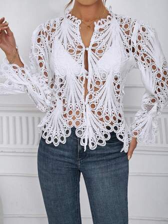 2025 Women's Autumn Clothing, Sexy Perforated Flared Sleeve Shirt, Breathable Nightclub Party Outdoor Top, Solid Elegant Lace With Black Fungus Edge Lace Top