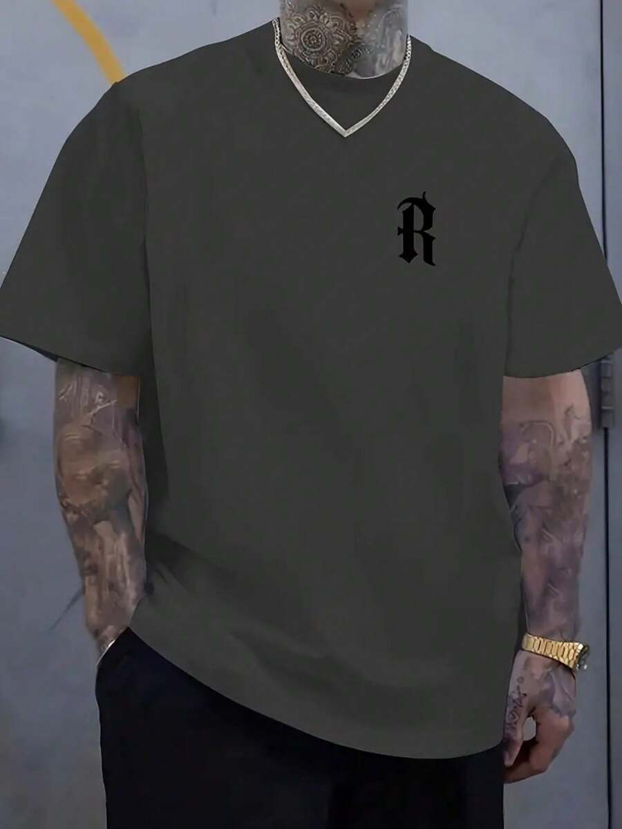 Camiseta Masculina Camisa 100% Algodão Gola Redonda Lançamento Estampa da Letra R - Cinza - Visão 1