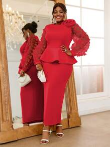 Plus Size Patchwork 3D Butterfly Mesh Puff Sleeve Dress Party Cocktail Dress For Women, Elegant Long Sleeve Prom Semi Formal Dress, For Birthday, Wedding Guest, Graduation, Dinner, Homecoming