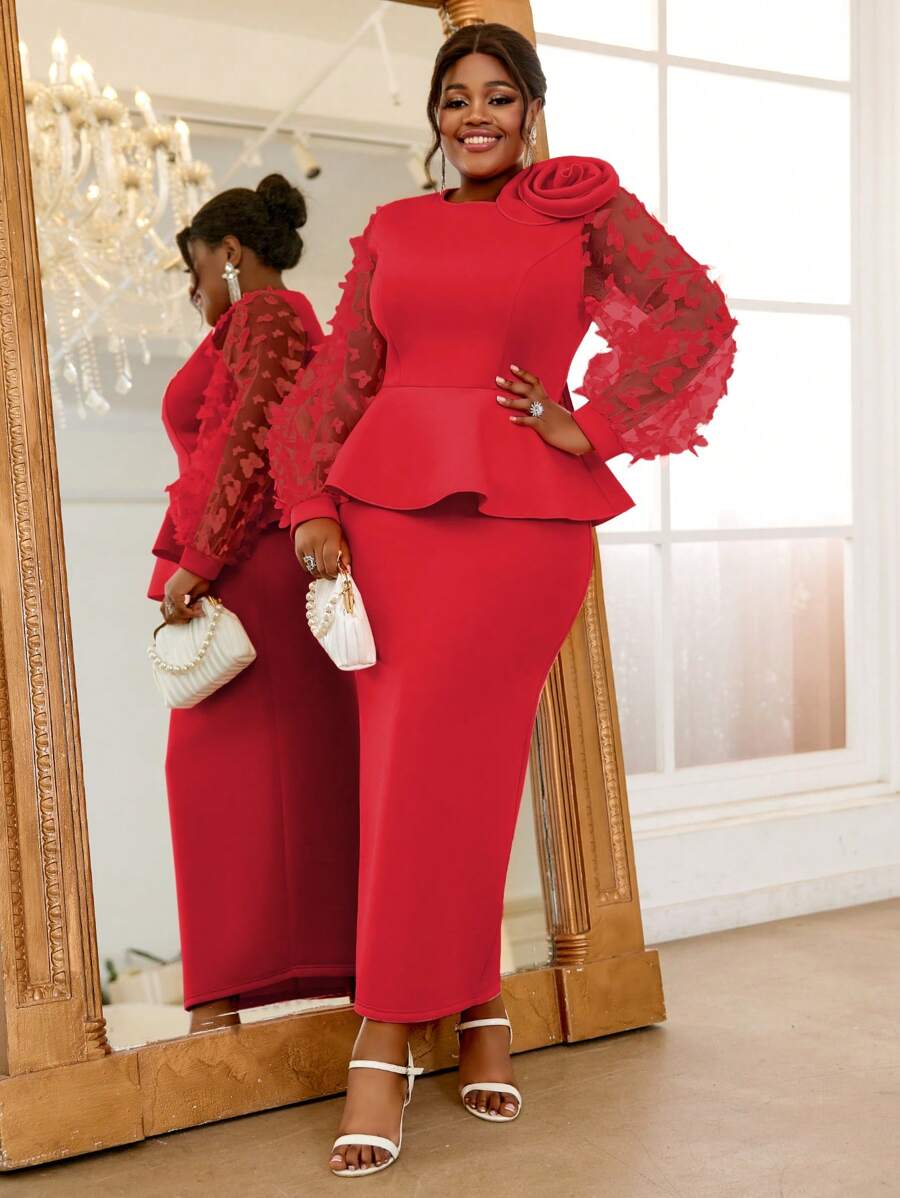 Plus Size Patchwork 3D Butterfly Mesh Puff Sleeve Dress Party Cocktail Dress For Women, Elegant Long Sleeve Prom Semi Formal Dress, For Birthday, Wedding Guest, Graduation, Dinner, Homecoming