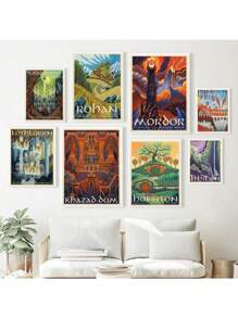 1 件装环形艺术海报墙复古旅行抽象帆布复古电影魔多城堡领主画儿童卧室家居装饰画无框 - 彩色 - 查看 1