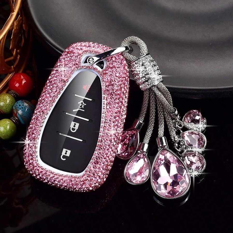 Fashion Luxury Sparkling Rhinestone Key Fob Cover With Keychain Lanyard For Chevrolet For Chevy For Malibu For Equinox For Traverse For Camaro For Cruze For Blazer 4 5 Buttons Smart Key - Pink+Angel pendant - View 1