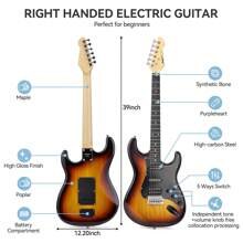 Guitarra eléctrica de 39 pulgadas de tamaño completo, kit de guitarra eléctrica de Body sólido, pastilla HSS, kit de iniciación que incluye amplificador, bolsa, capo, correa, cuerdas, afinador, cable, púas, guitarra eléctrica para principiantes - Pastillas HSS AMY-30 de Sunset Color - Ver 3