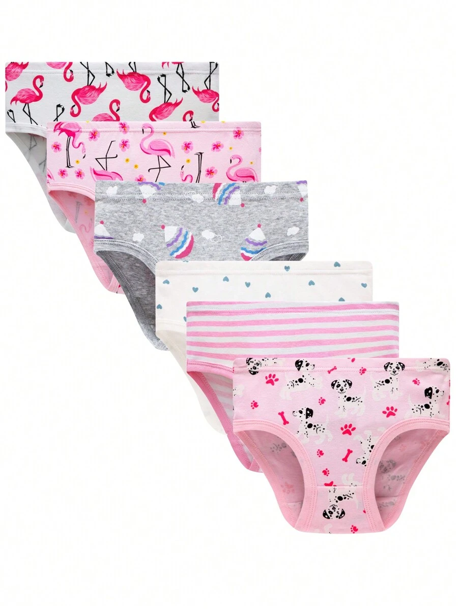 6pcs/Pack Girls' Cute Flamingo & Dog Print Comfortable Breathable Underwear Briefs
