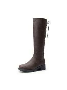 Women's Lace Up Knee High Boots Low Block Heel Riding Motorcycle Outdoor Combat Boots Round Toe Side Zipper Festival Fall Boots - Brown - View 4